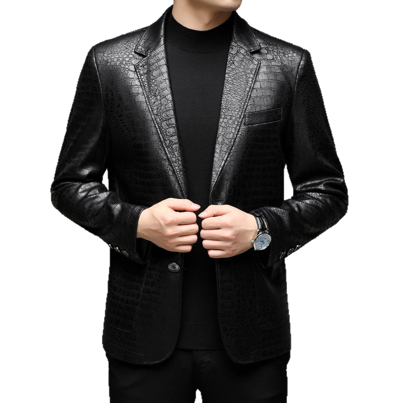 Men's crocodile-embossed leather jacket with a slim silhouette and lapel collar Chichicherry