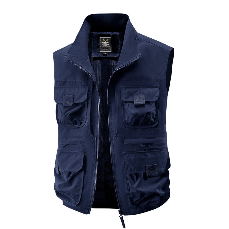 Men's Multi-Pocket Utility Vest with High Collar Two-Way Zipper & Mesh Lining Chichicherry