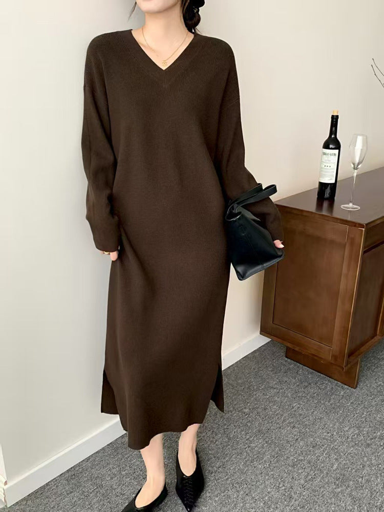 Women Long Fine Knitted Midi Dress with V-Neck, Side Slit and Relaxed Silhouette Chichicherry