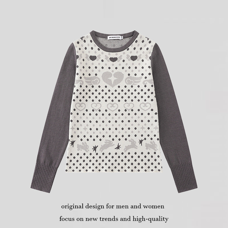 Ladies fine knit pullover with jacquard motif, round neckline and contrast sleeves Chichicherry