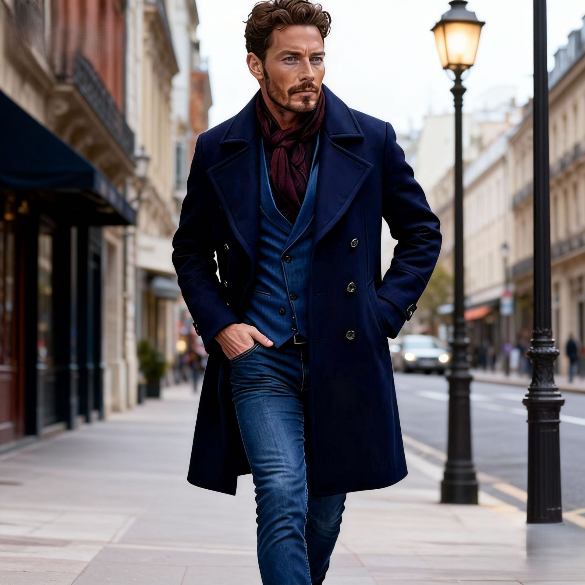 Men's Elegant Double-Breasted Coat with Tailored Fit and Quilted Lining Chichicherry