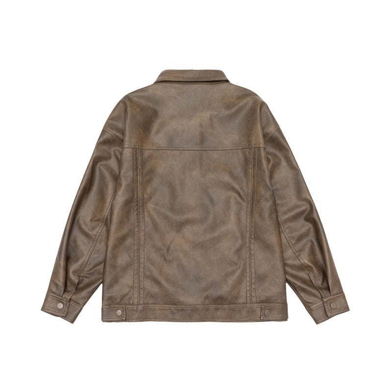 Men's loosely cut overshirt in vintage leather look with snap button front and breast flap Chichicherry