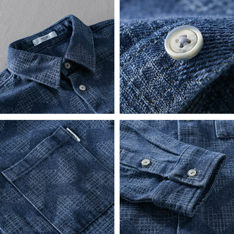 Men's Indigo-Structure Overshirt made of washed denim with zigzag jacquard, Kent collar and chest pocket Chichicherry