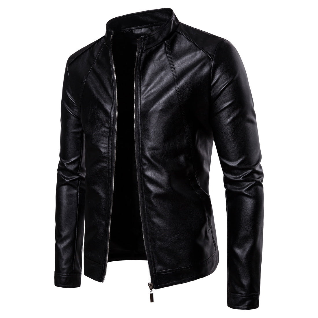 Men's Slim-Fit Biker-Inspired Faux Leather Jacket with Stand Collar and Minimalist Stitching Chichicherry