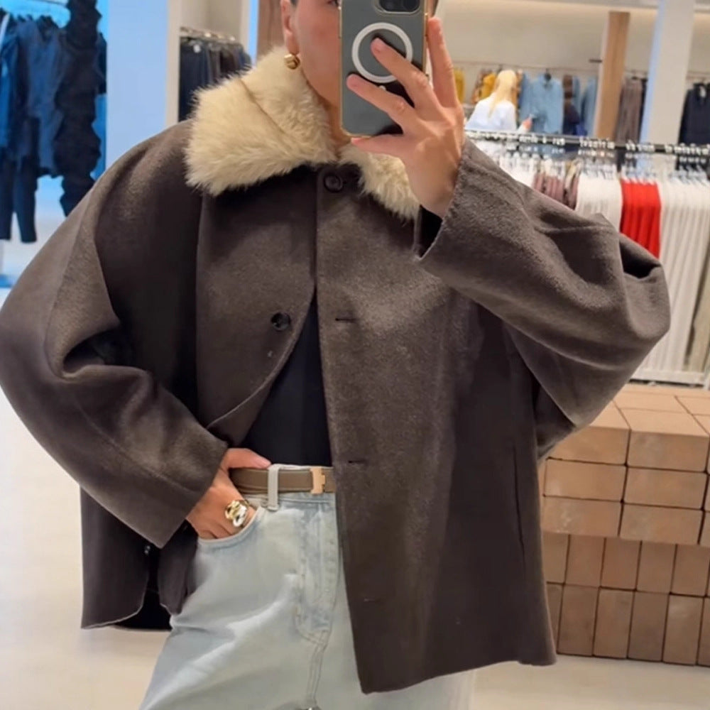 Women's Boxy-Cropped Wool Blend Jacket with Soft Faux Fur Shawl Collar Chichicherry