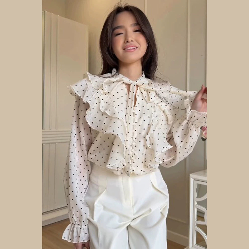 Women Ruffle Blouse with Bow Collar and Polka Dot Pattern Chichicherry