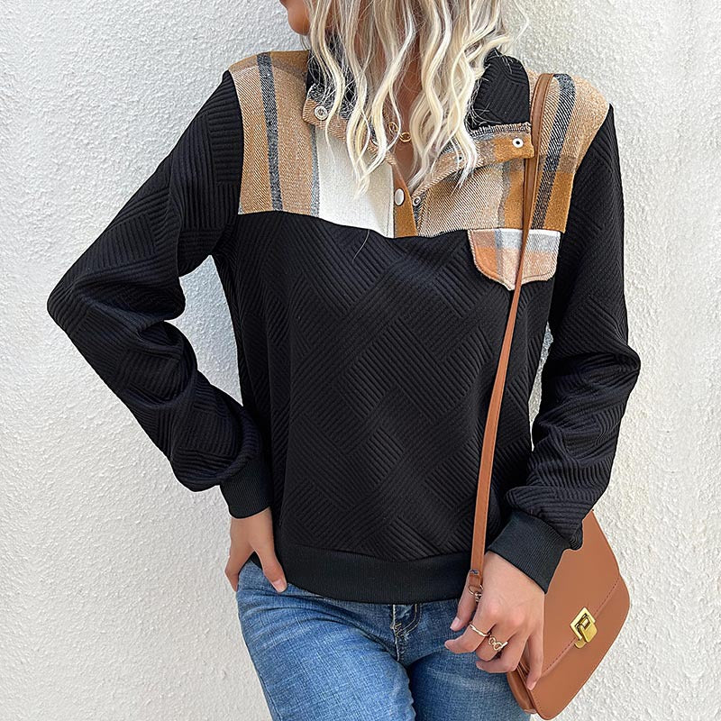 Women Quilted Sweatshirt with Check Pattern Trim, Stand-Up Collar and Snap Button Placket Chichicherry