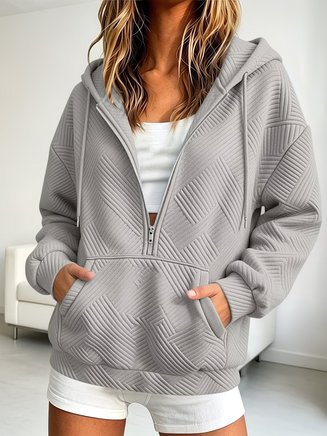 Women's Quilted Half-Zip Hoodie with Geometric Quilted Texture Chichicherry