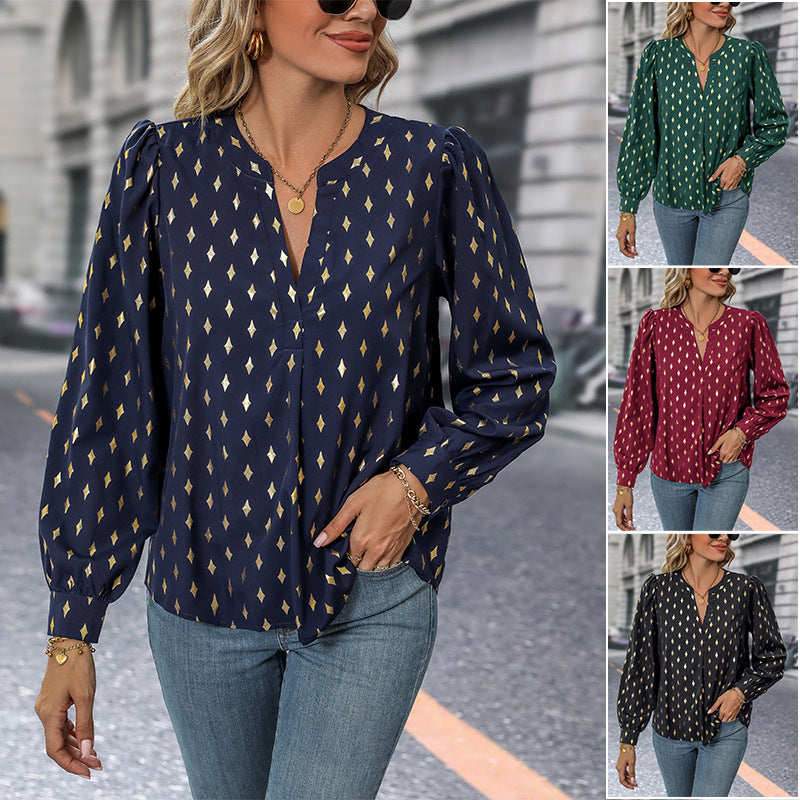 Women's loosely falling viscose fine blouse with stand-up collar, V-neck and balloon sleeves Chichicherry