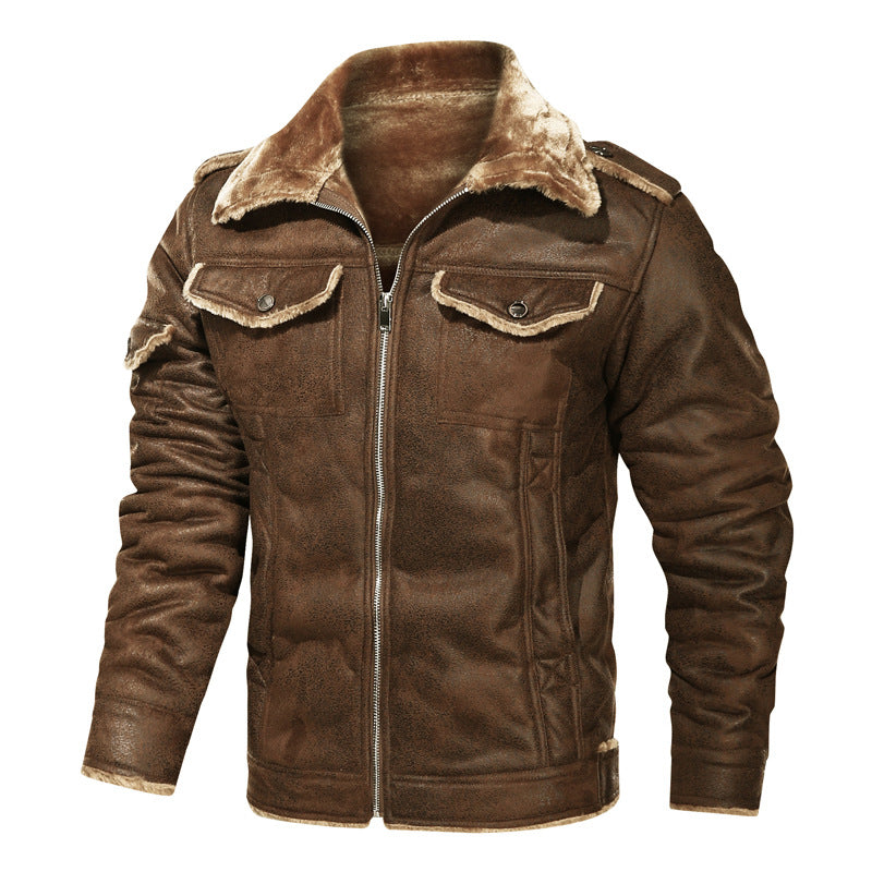 Men's Fleece-Lined Lambskin Imitation Biker Jacket with Stand-Up Collar and Flap Pockets Chichicherry