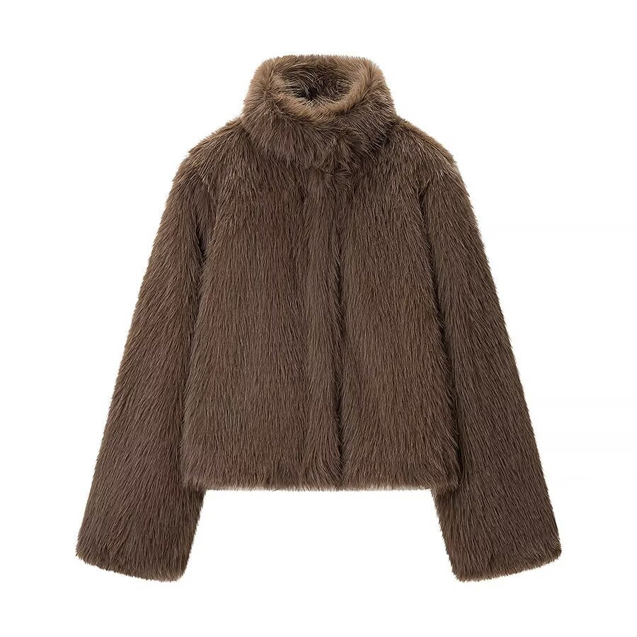 Women's Short Faux Fur Jacket with High Stand Collar and Oversized Silhouette Chichicherry