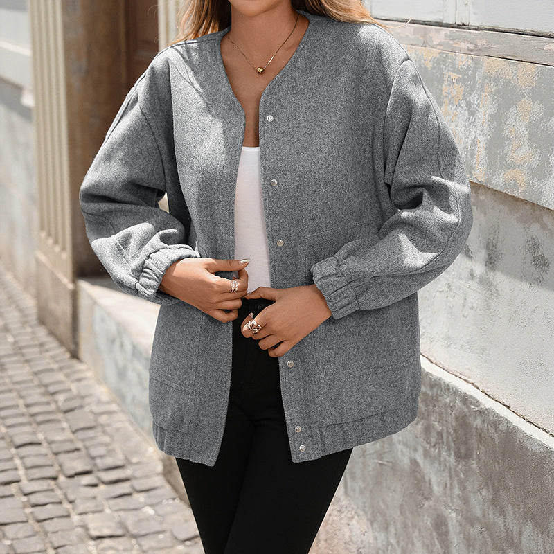 Women's oversized wool-look blouse jacket with snap button closure, elastic cuffs & patch pockets
