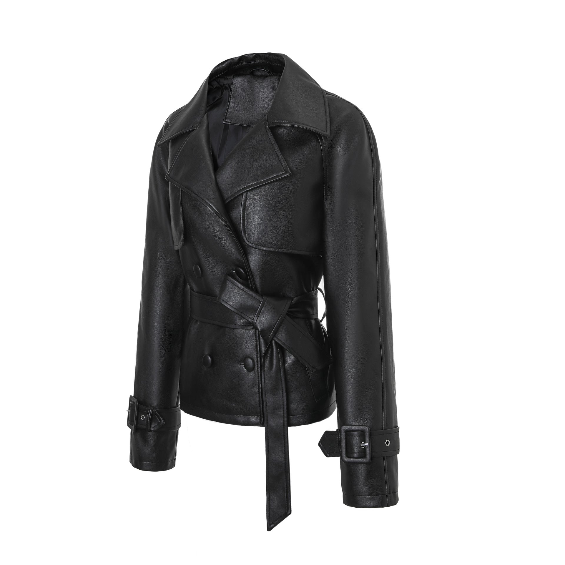 Ladies short trench coat in leather look with double-breasted button placket and waist belt Chichicherry