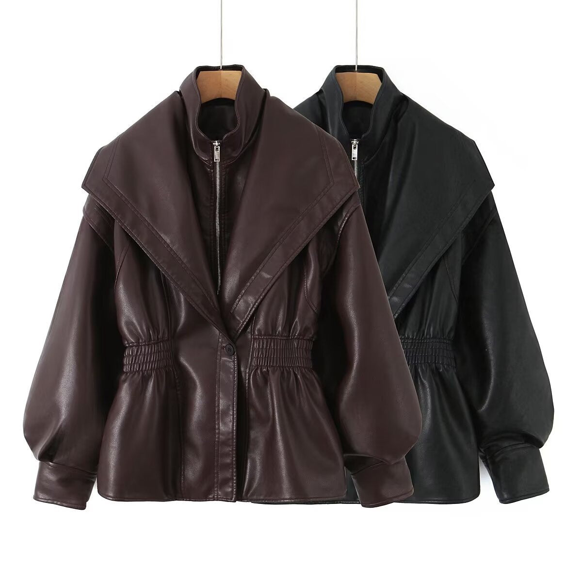 Women's Faux Leather Jacket with Wide Shawl Collar and Gathered Waistband Chichicherry