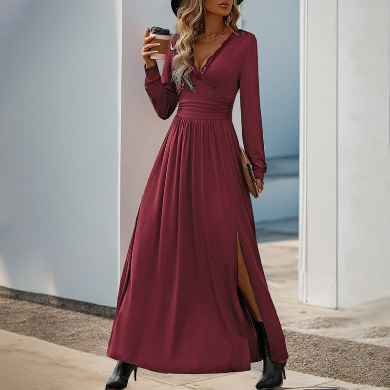 Ladies Flowing Maxi Dress with Lace V-neck, Wrap Waist and Side Slit Chichicherry