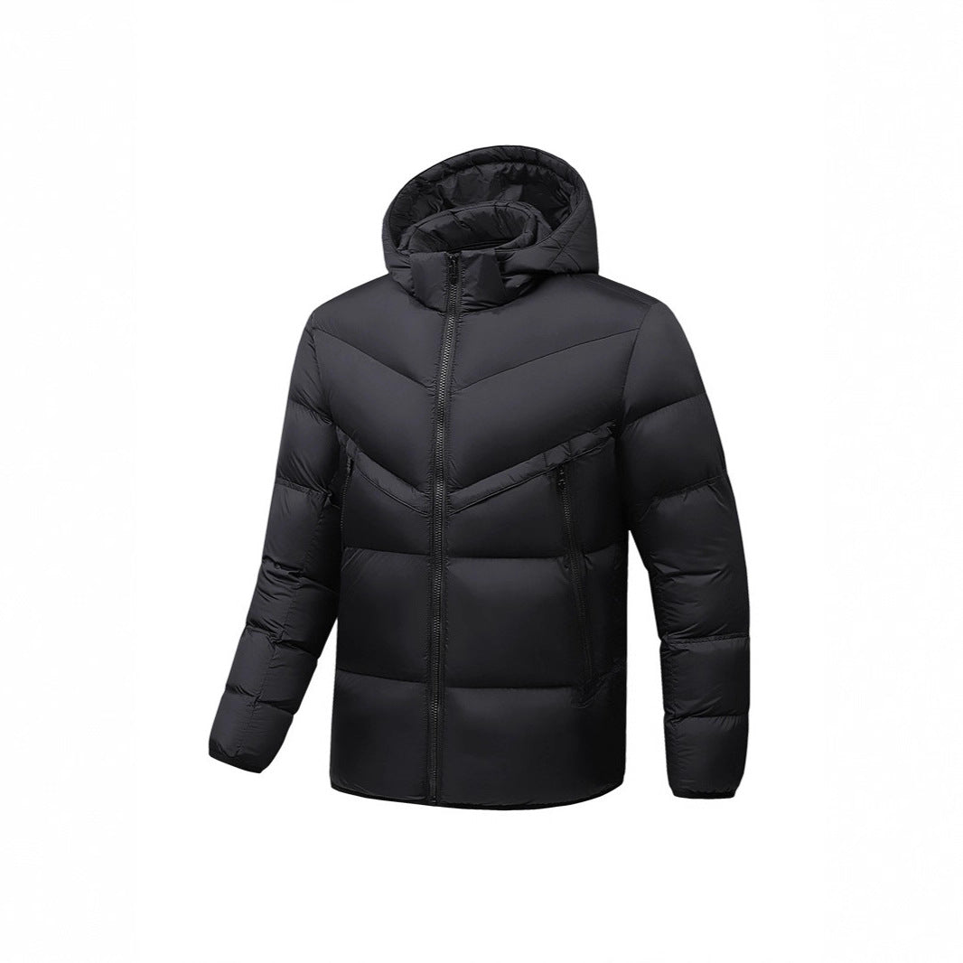 Men's Lightweight Down-Look Padded Jacket with Hood, Windproof Thermal Insulation and Vertical Zip Pockets Chichicherry