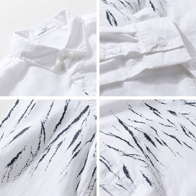 Men's Lightweight Linen-Cotton Shirt with Abstract Brush Print and Relaxed Fit Chichicherry