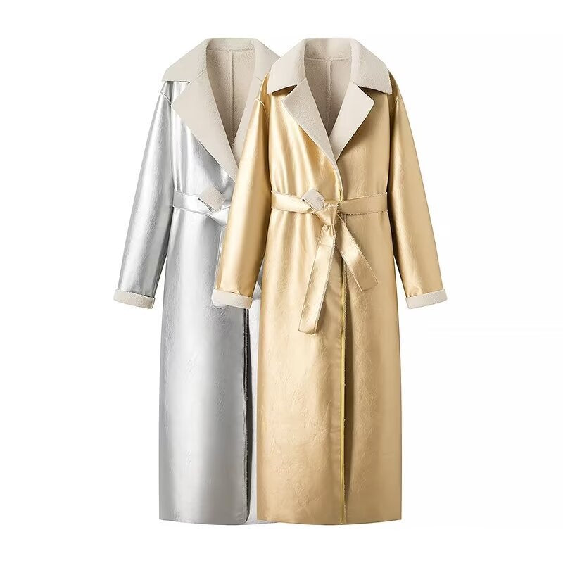 Women's longer vegan coat made of faux leather with teddy lining and tie belt Chichicherry