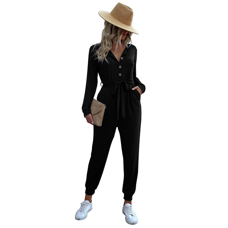 Women's Casual One-Piece Jumpsuit with Button Placket, Tie Belt and Ribbed Cuffs Chichicherry