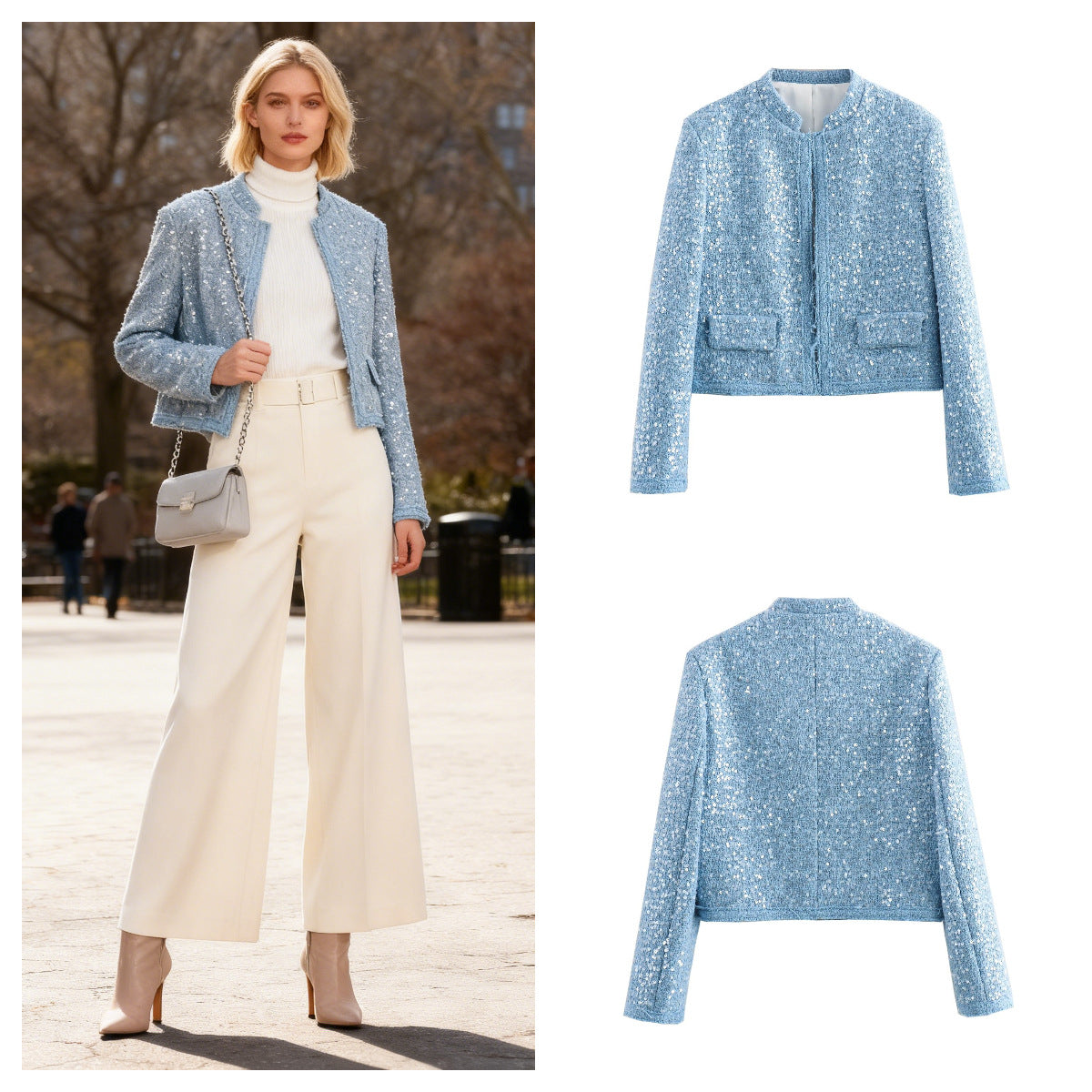 Women Short Cropped Boucle Tweed Jacket with Sequin Trim and Flap Pockets Chichicherry