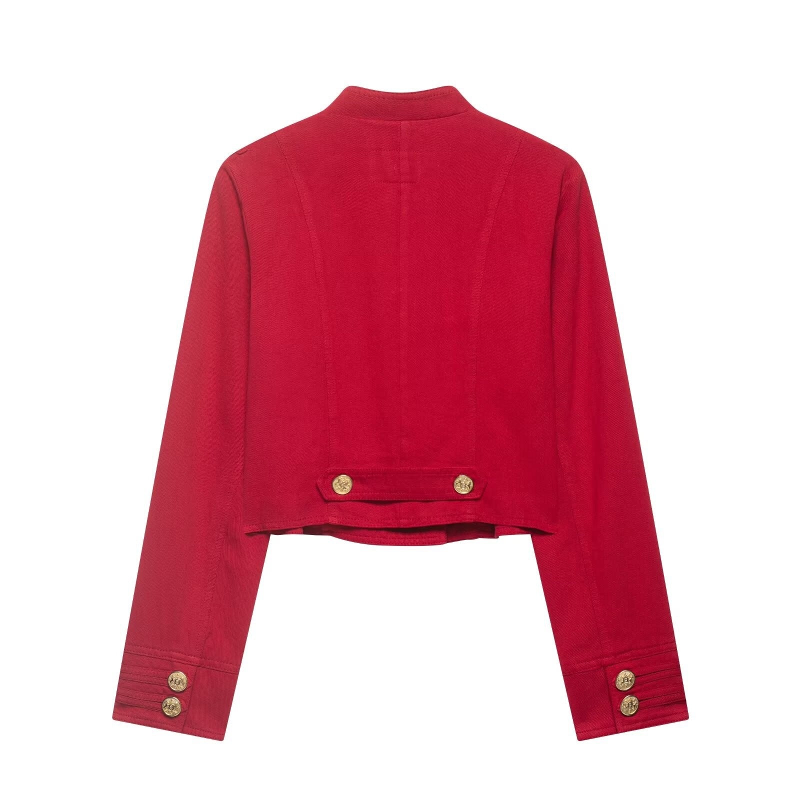Women Short Military Jacket in Cropped Cut with Stand-up Collar and Golden Decorative Buttons Chichicherry