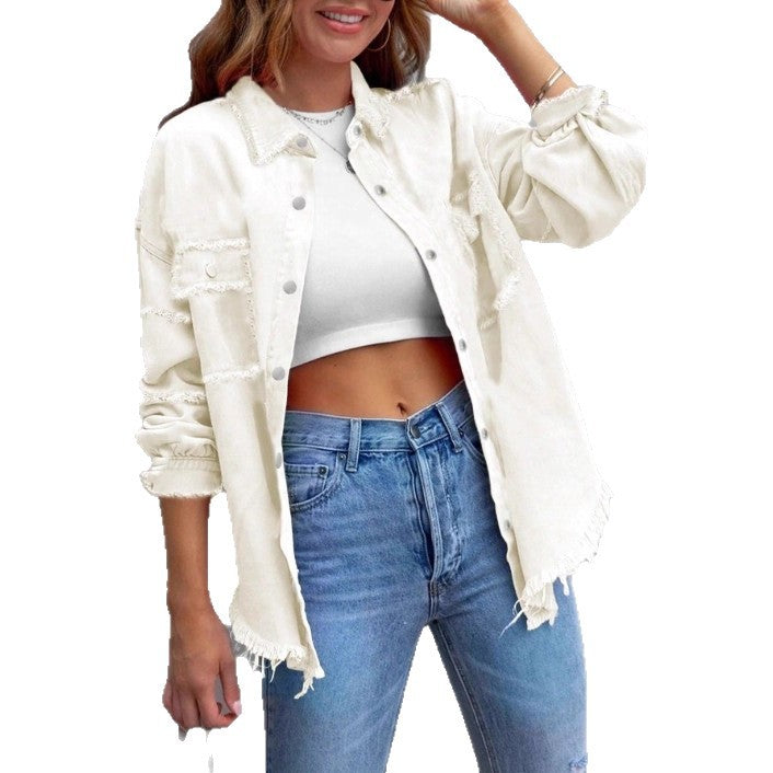 Women's Casual Denim Shirt-Style Jacket with Raw Edge and Snap Button Placket Chichicherry