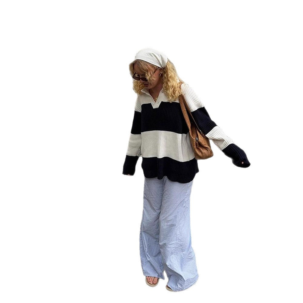 Women's Chunky Ribbed Oversized Polo Knit Sweater with Kent Collar and Block Stripes Chichicherry