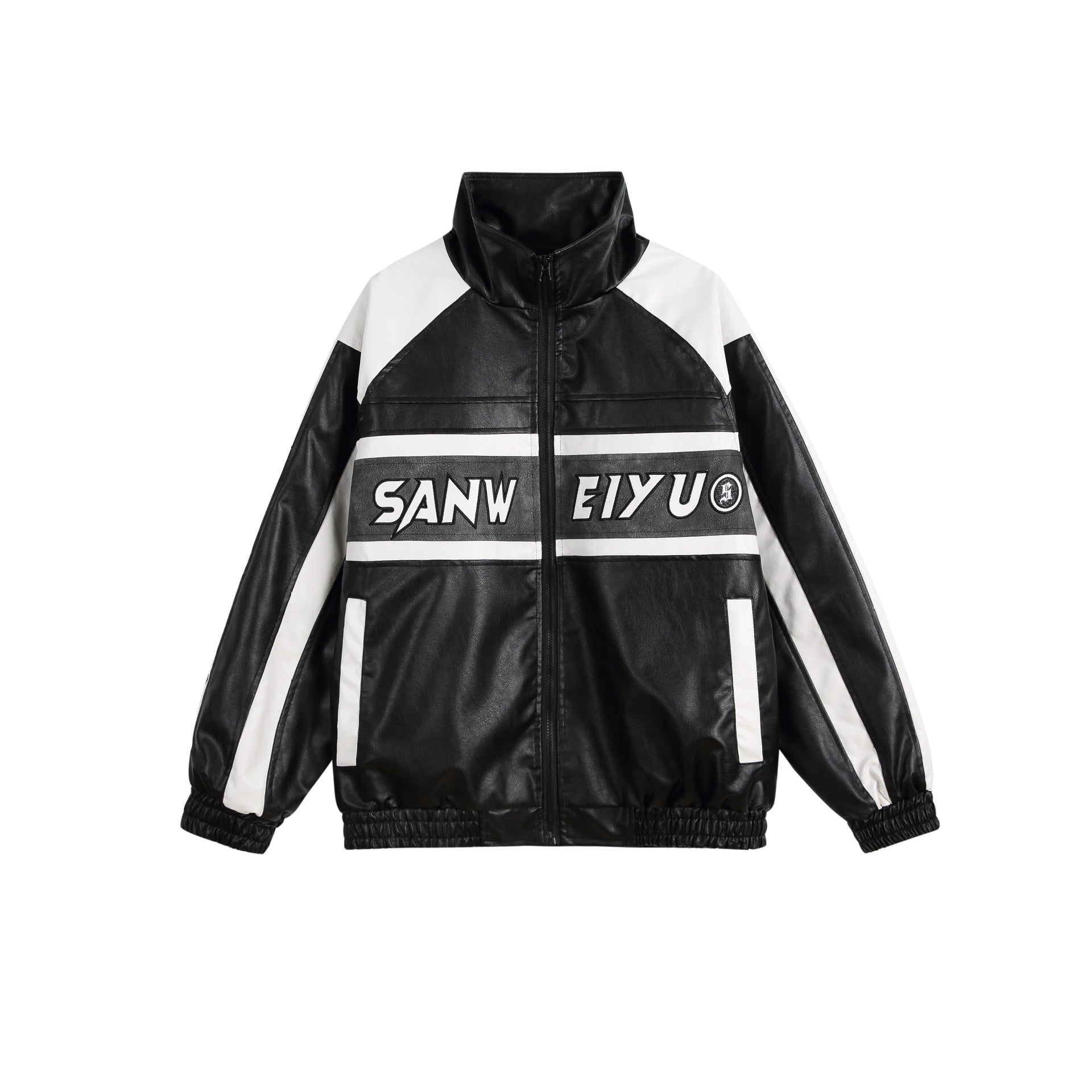 Women's faux leather track jacket in oversized cut with high stand-up collar and logo panel Chichicherry