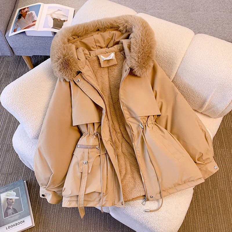 Women's short utility parka with drawstring waist, detachable faux fur collar, and asymmetrical pockets Chichicherry