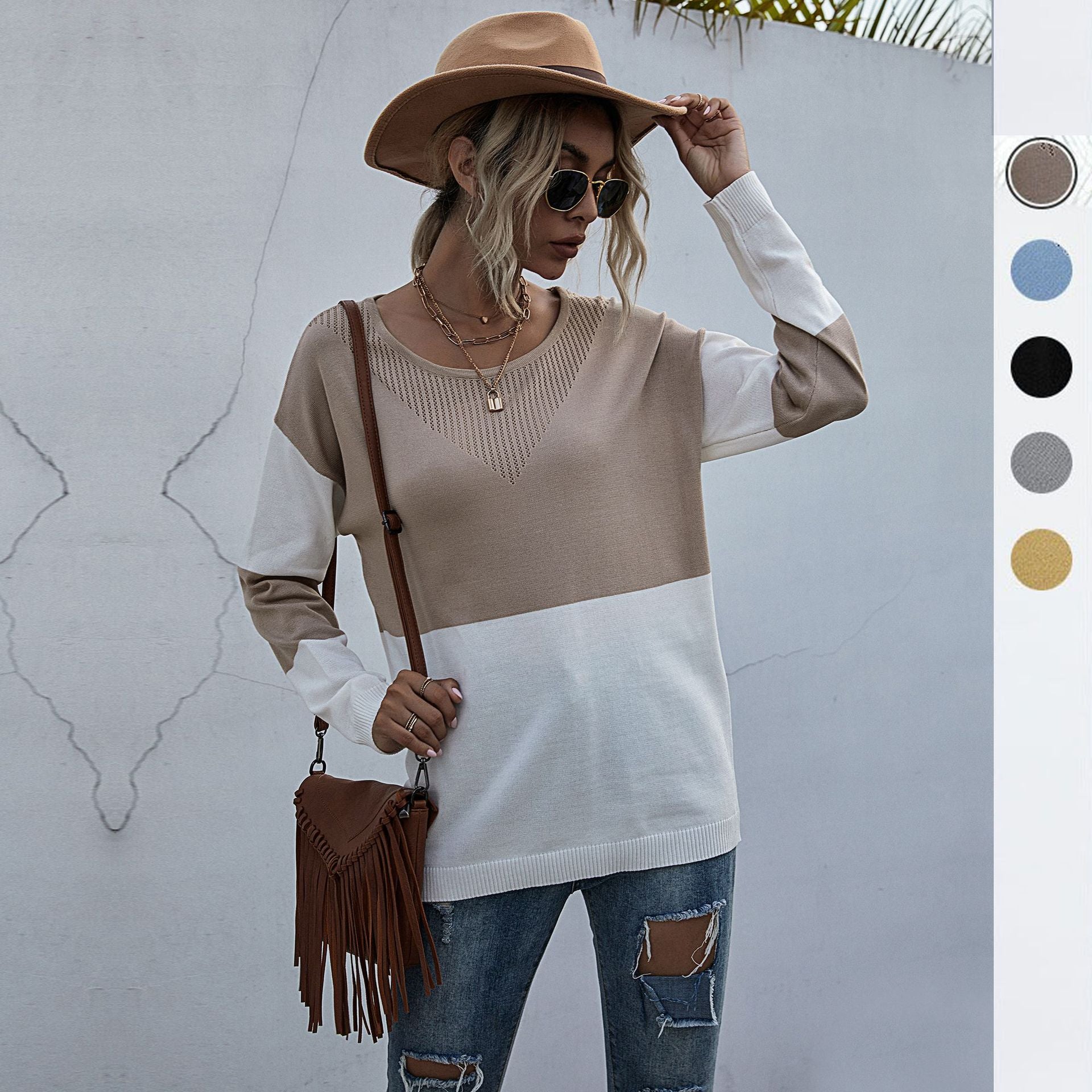 Women's Loose Knit Sweater in Block Pattern with V-Lace Detail Chichicherry