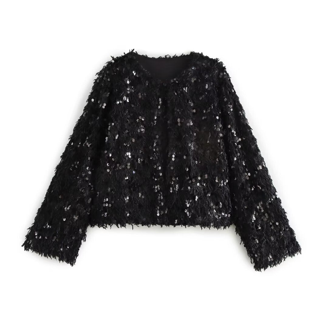 Women's Cropped Jacket made of fluffy Faux Fur with sequin trim Chichicherry