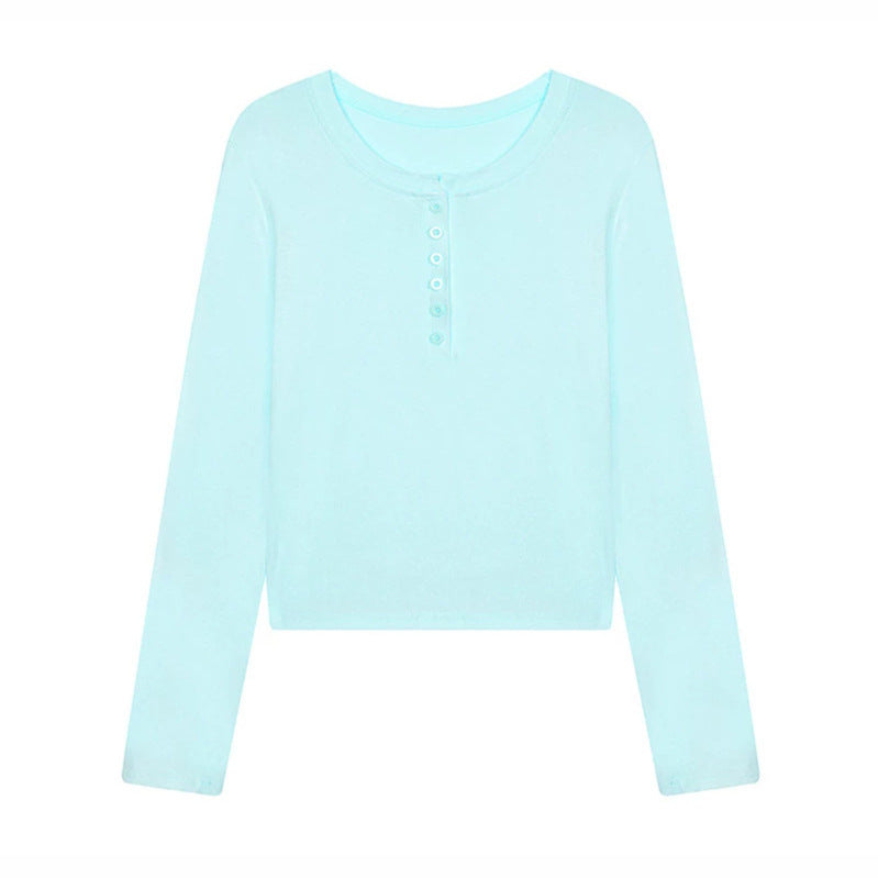 Women's short-cut Henley long-sleeve shirt made of cotton jersey with button placket Chichicherry