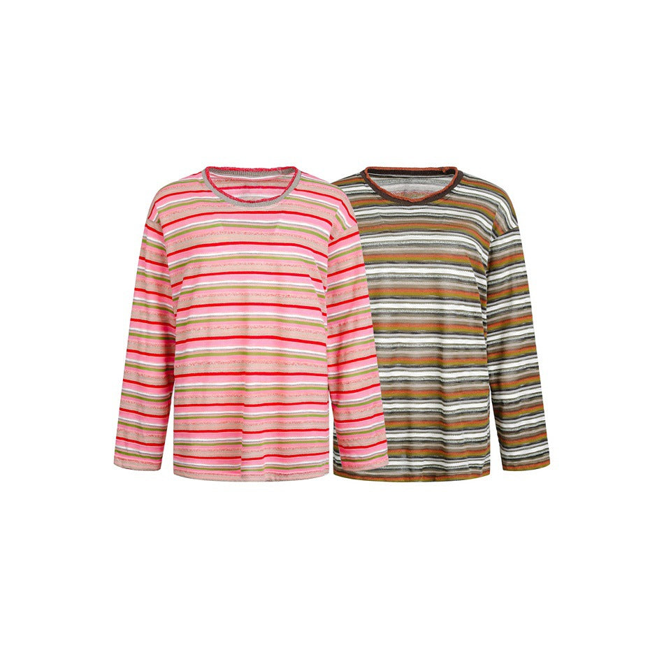 Women Striped Fine Knit Long Sleeve Shirt in Relaxed Fit with Round Neck Chichicherry