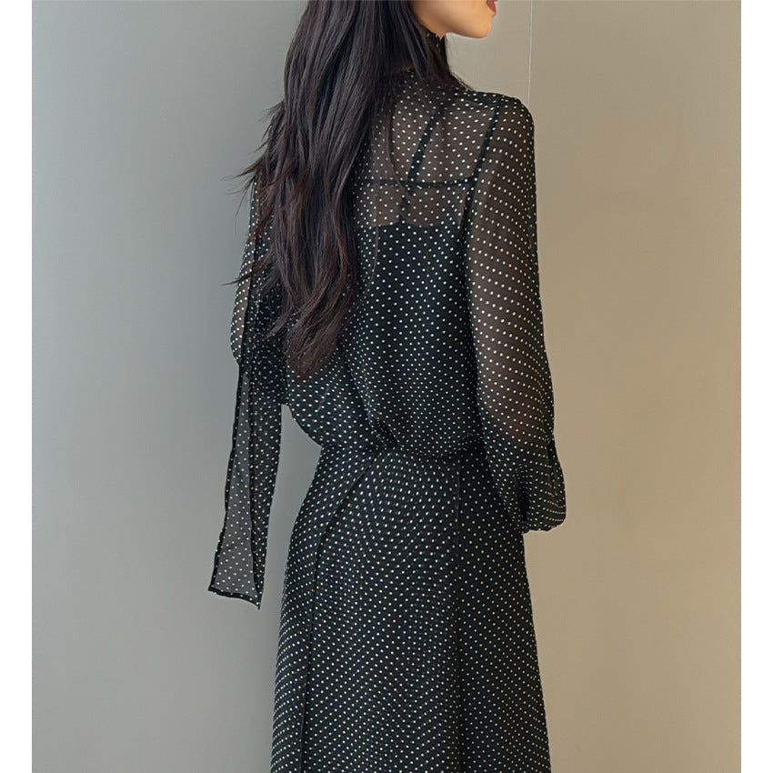 Women's chiffon blouse with bow collar, fine pintucks, and polka dot pattern Chichicherry