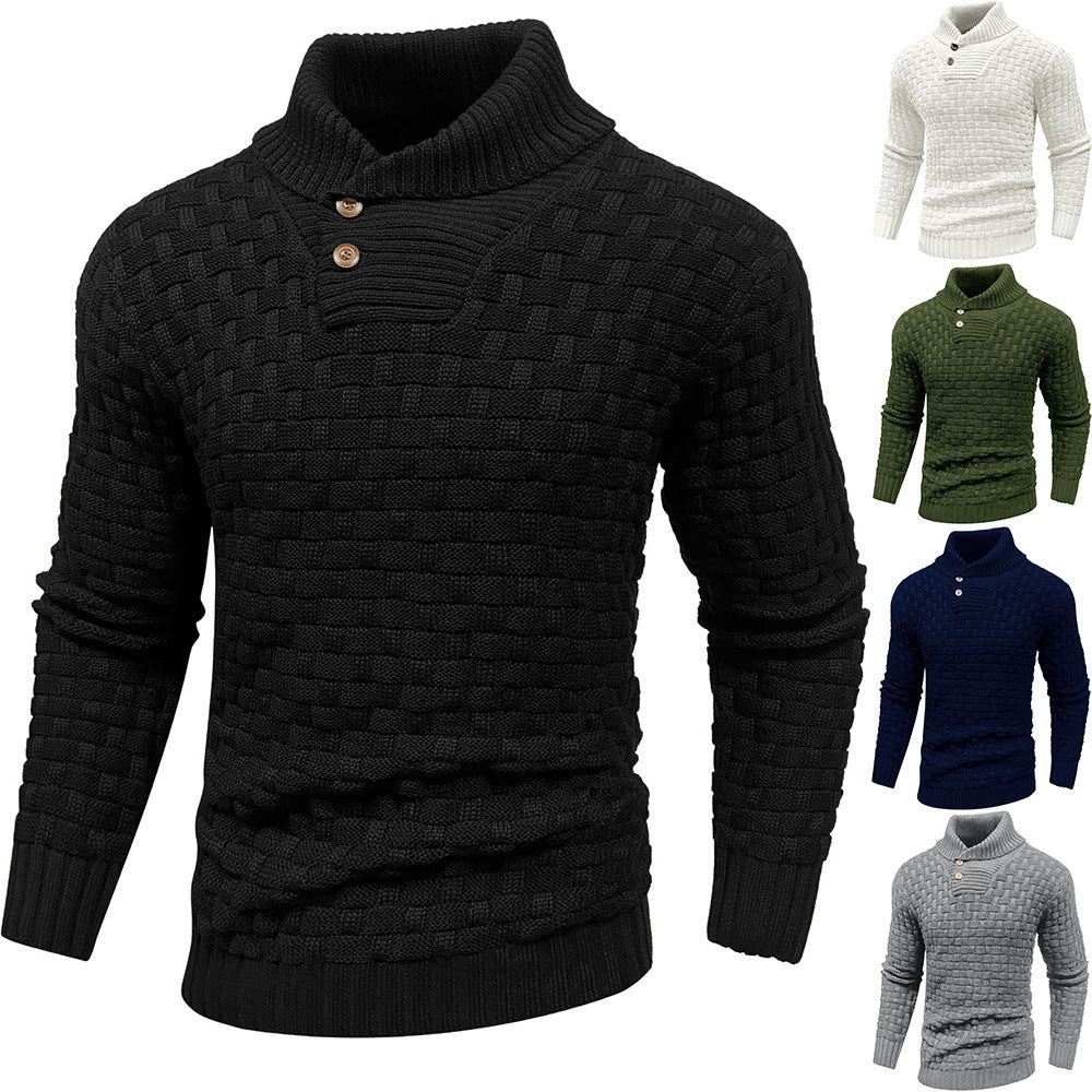 Men's chunky knit sweater with high roll neck, button placket and basket knit Chichicherry