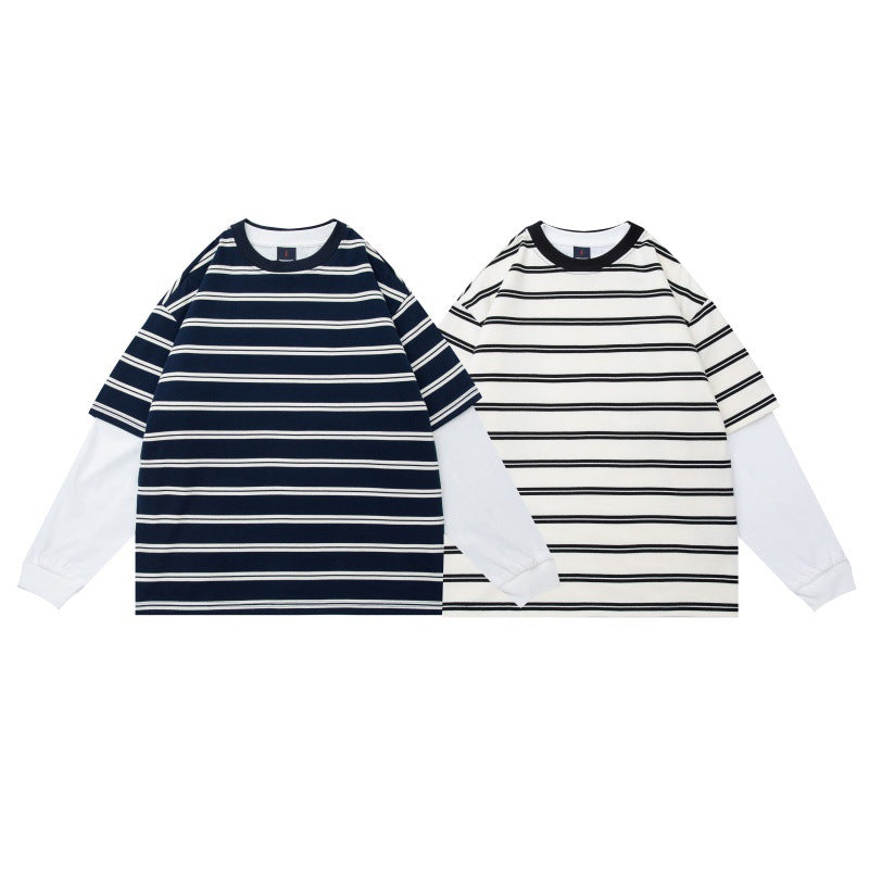 Unisex Layered Look Long Sleeve Shirt with Striped Oversized Top and Inserted Inner Sleeves Chichicherry