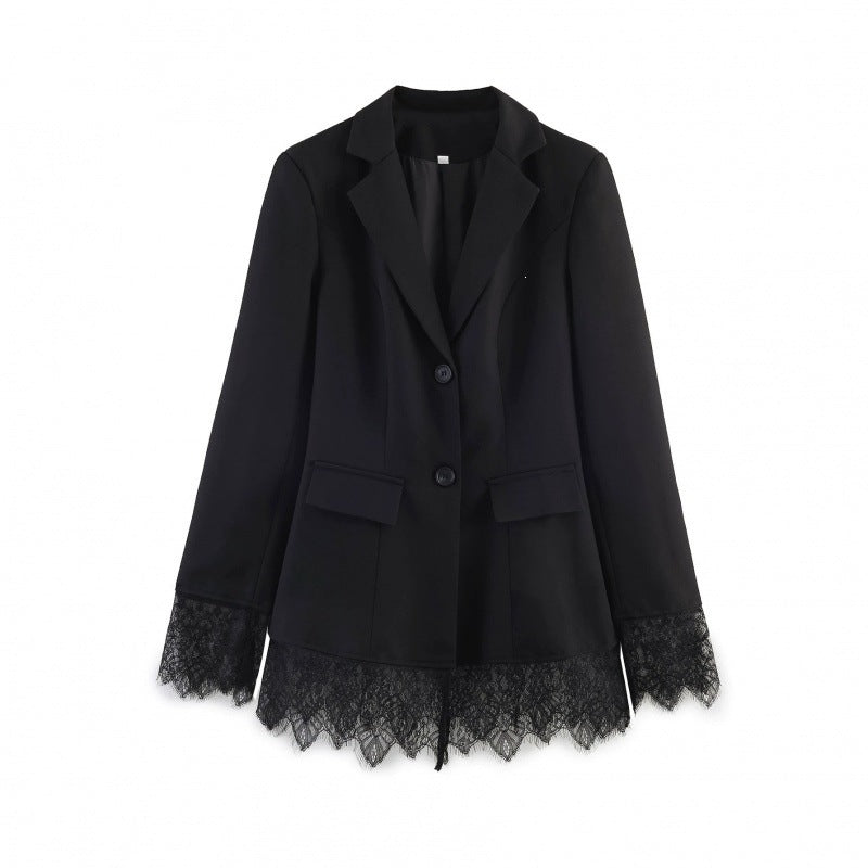 Women tailored blazer with lace trim and flared hem Chichicherry