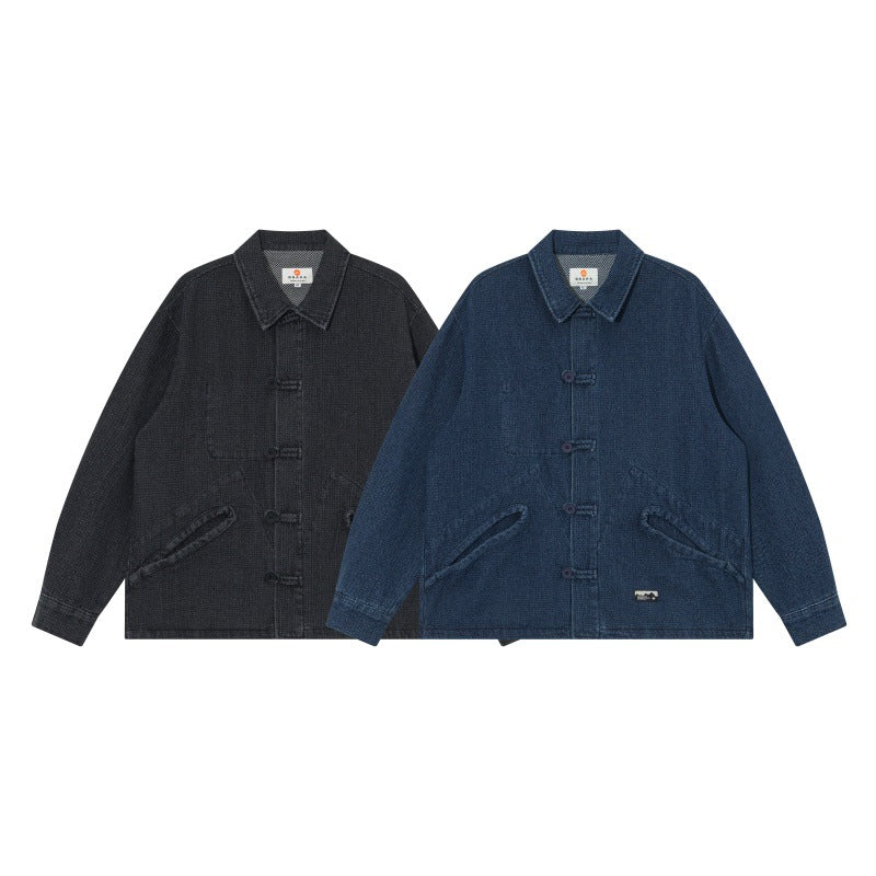 Men's short-cut denim chore jacket in boxy blouson style with Chinese toggle button placket Chichicherry