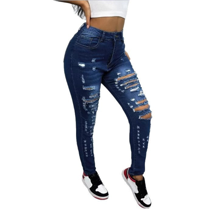 Women High-Waisted Ripped Skinny Jeans with Waist-Shaping Comfort Band Chichicherry