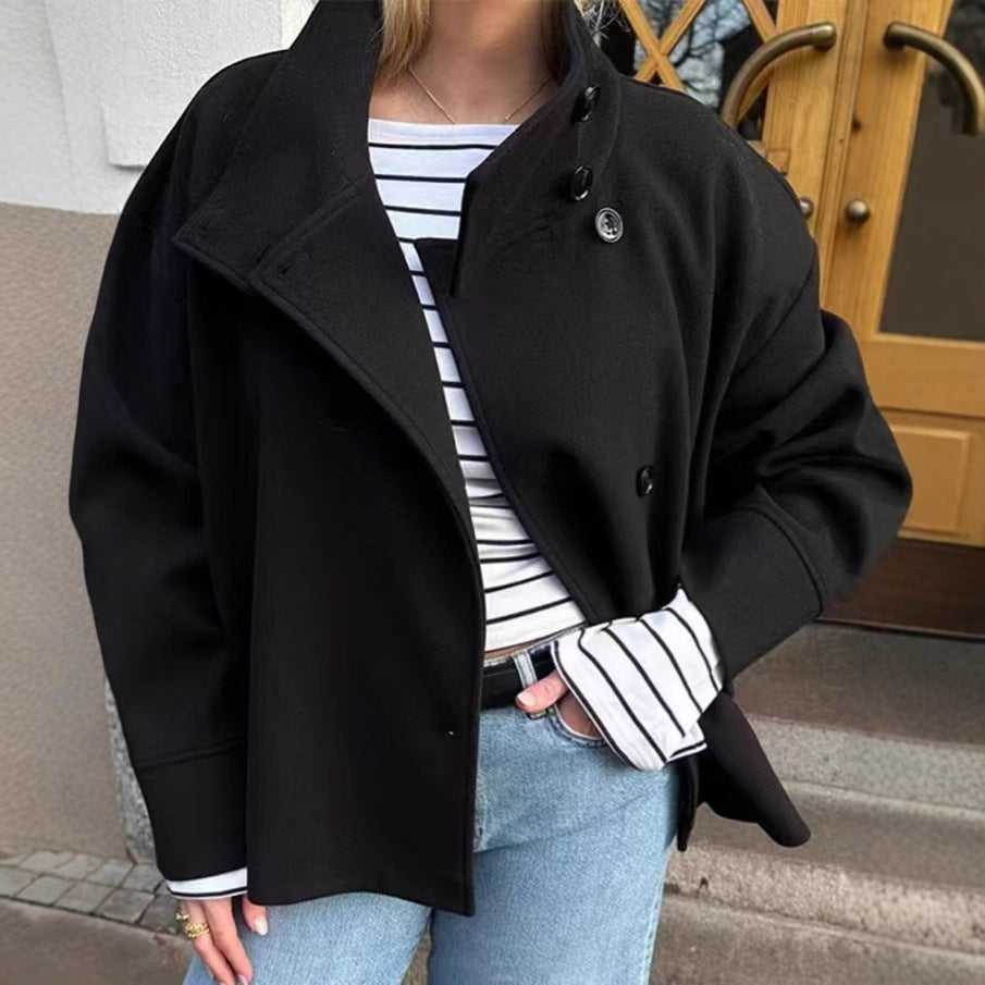 Women's short cut boxy jacket with stand-up collar and asymmetrical button placket Chichicherry
