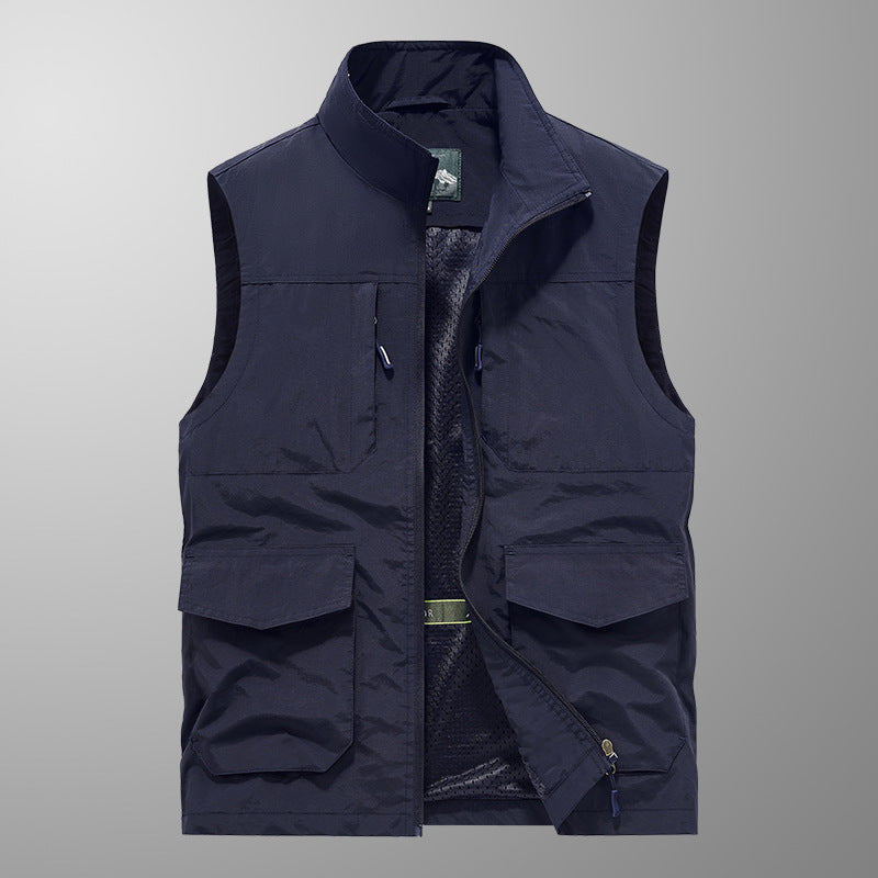 Men's Utility Outdoor Vest with Multiple Pockets, Mesh Lining & Stand Collar Chichicherry