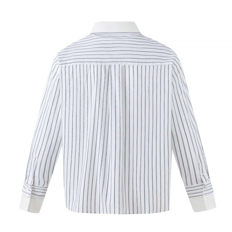 Women's Oversized Shirt Blouse with Pinstripes, Contrast Collar and Cuffs Chichicherry