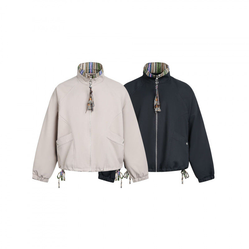 Women Short Tail Bomber Jacket with Stand-Up Collar and Patterned Lining Chichicherry