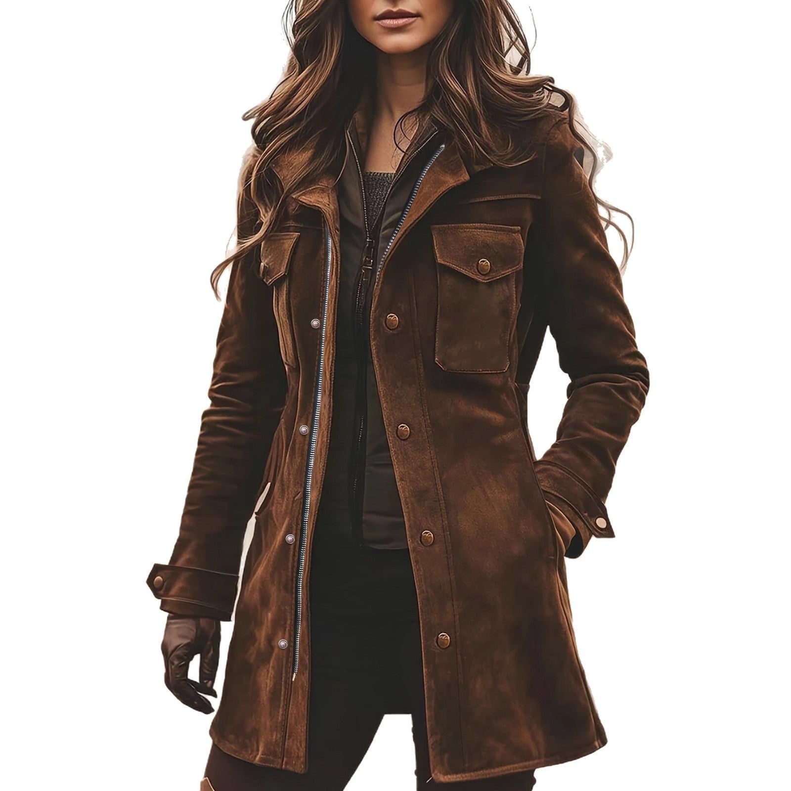 Women's long jacket made of suede leather with utility pockets and concealed zipper Chichicherry