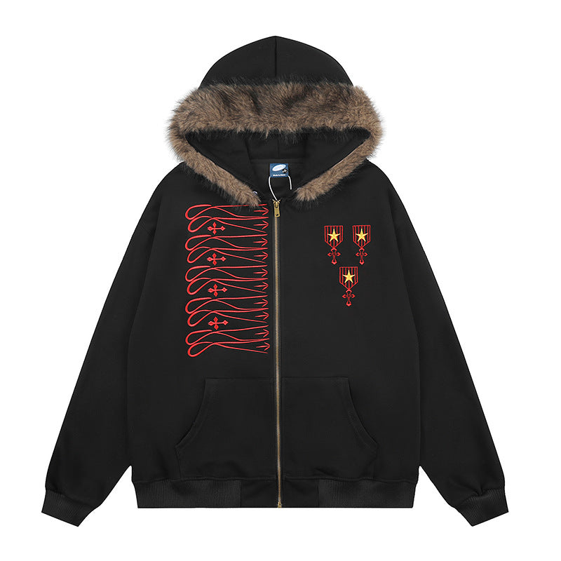 Unisex hooded sweat jacket with faux fur lined hood, zipper and embroidered badges Chichicherry