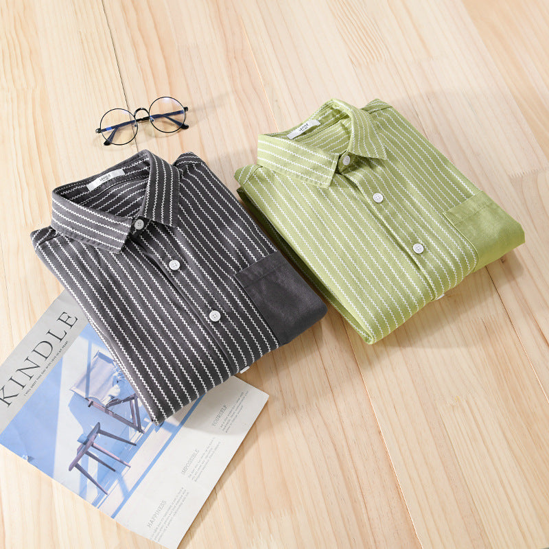 Men's Casual Shirt Jacket in Relaxed Fit with Fine Vertical Stripes and Chest Pocket Chichicherry
