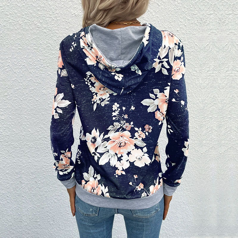 Ladies Casual Hoodie with Floral Vintage Print, Kangaroo Pocket and Contrasting Cuffs