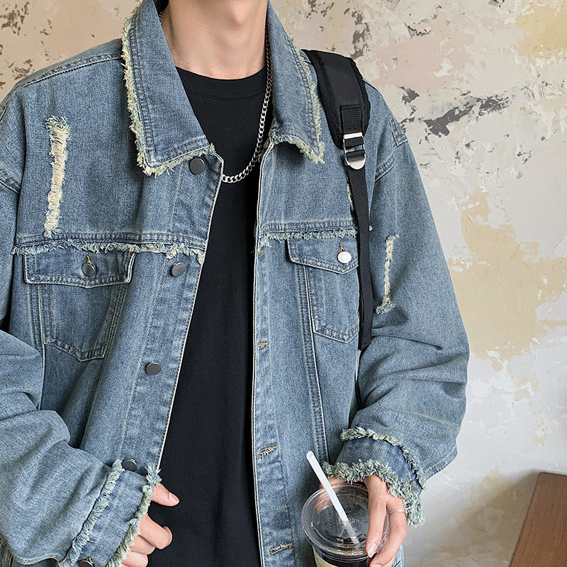 Men's Oversize Denim Jacket with Used Look, Frayed Edges and Snap Buttons Chichicherry