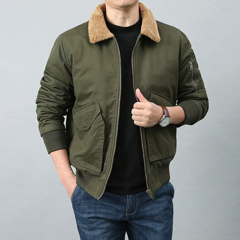 Men's Short Cut Bomber Jacket in Pilot Style with Teddy Collar, Utility Pockets and Ribbed Cuffs Chichicherry