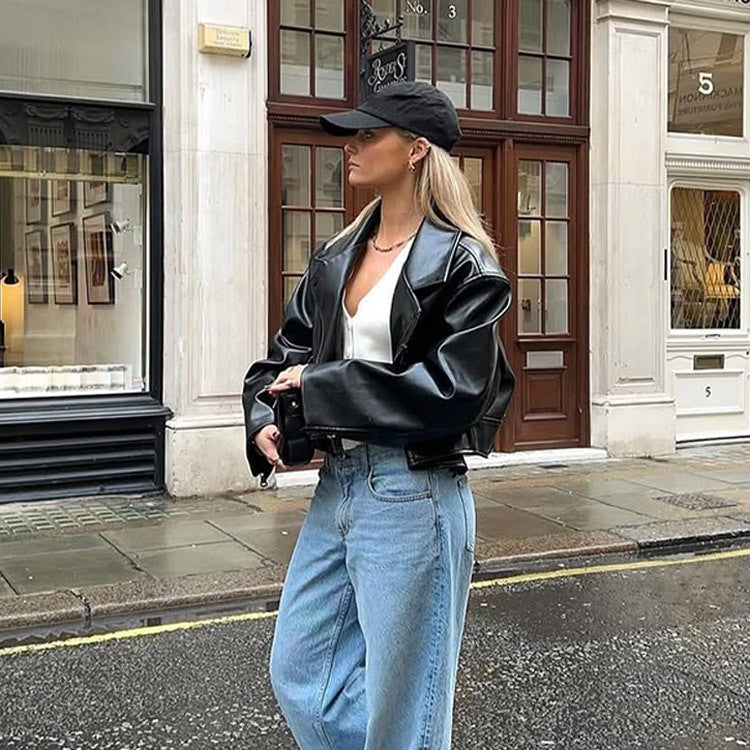 Women's Cropped Boxy Biker Jacket made of Faux Leather with Distinctive Shoulder Area and Boxy Silhouette Chichicherry